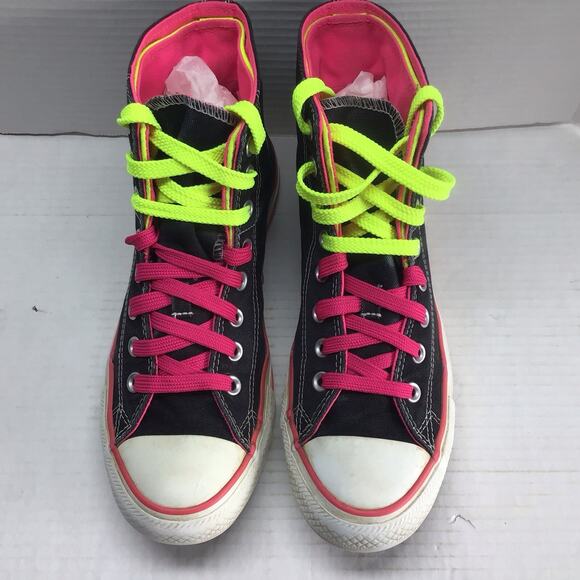 Converse Chuck Taylor 2-Fold Hi Top Black w/ Neon Pink & Green Women 10 / Men 8 - Picture 4 of 8